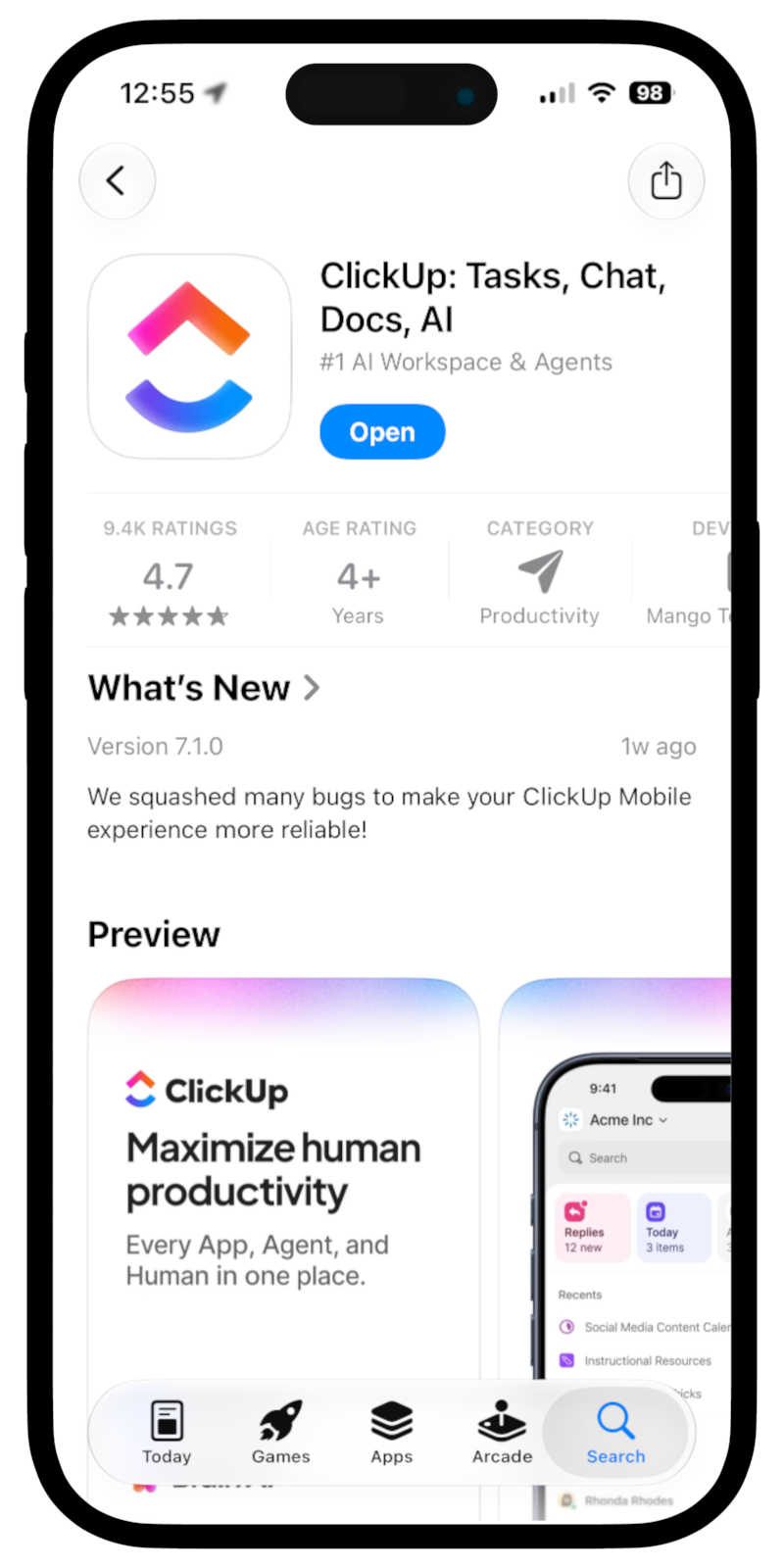 ClickUp Mobile on the App Store, 4.7 stars