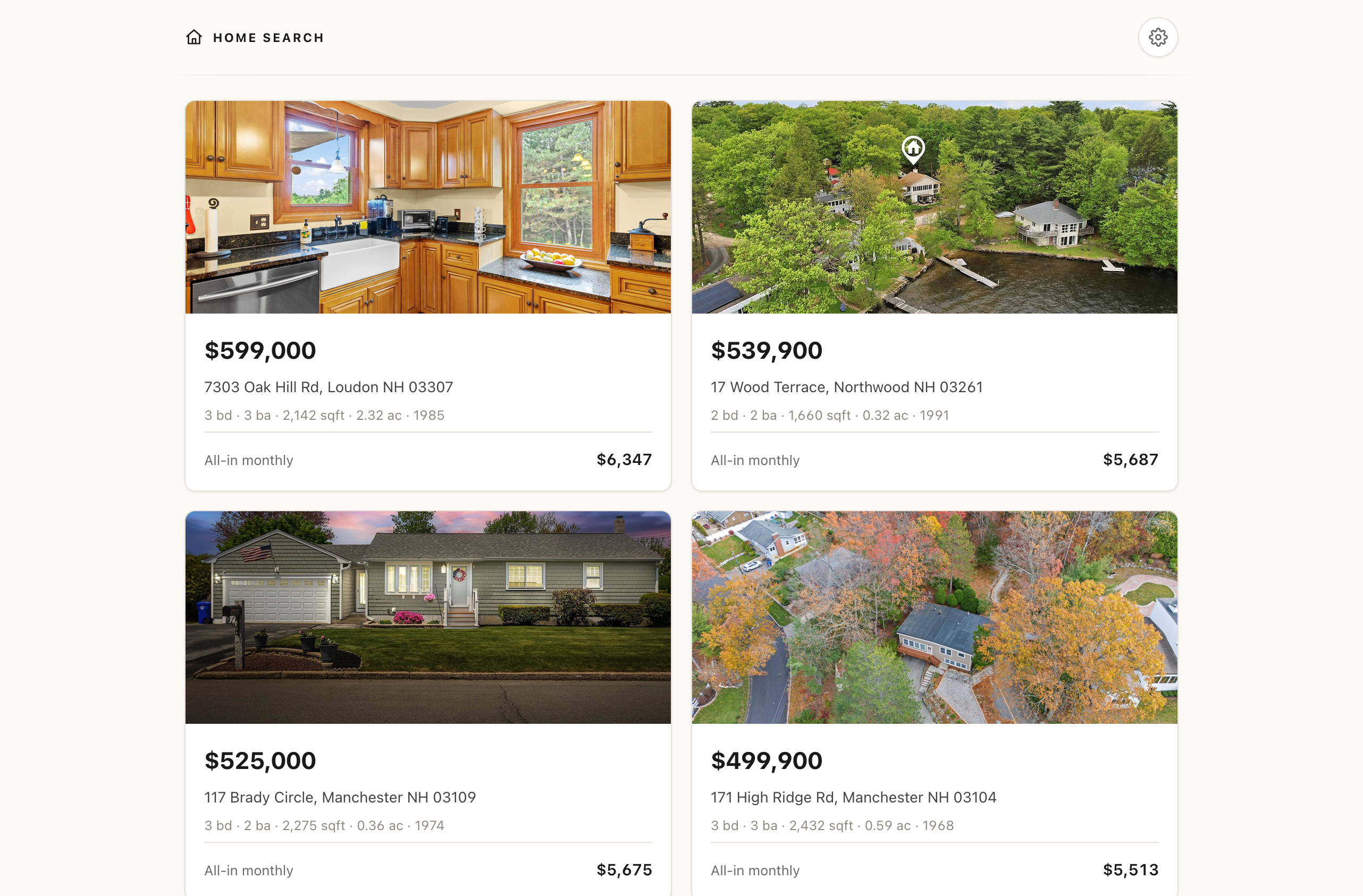 Home Search portal with listing cards and all-in monthly costs