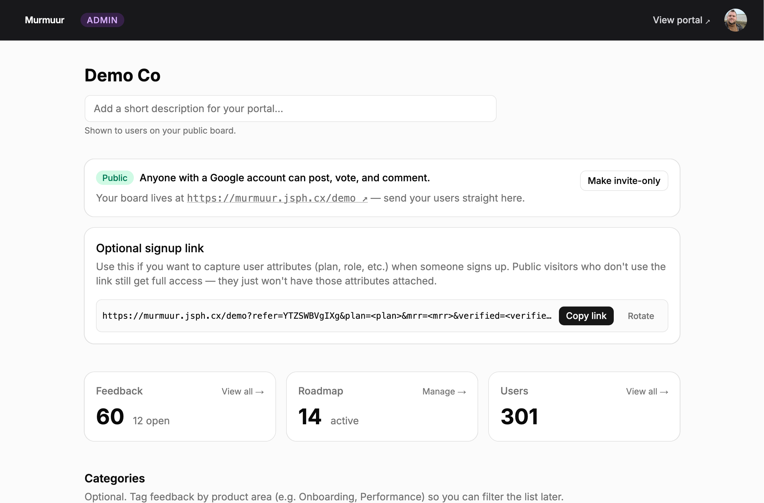 Murmuur admin dashboard for Demo Co