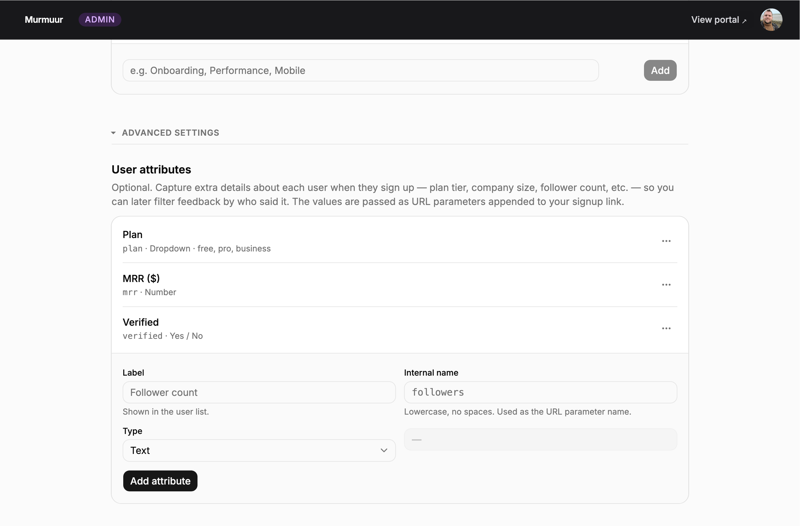 Murmuur admin user attributes settings