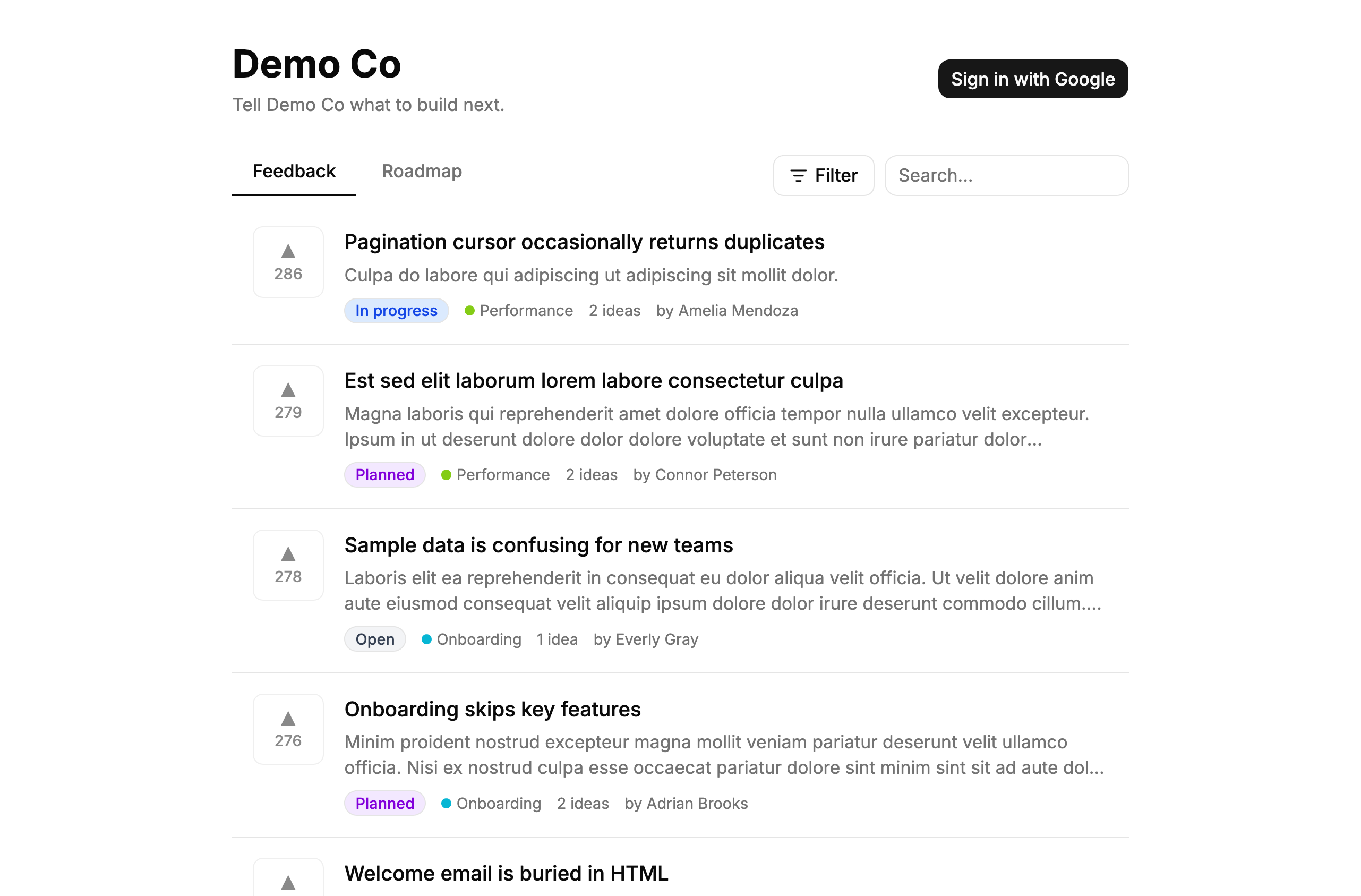 Murmuur public feedback board for Demo Co
