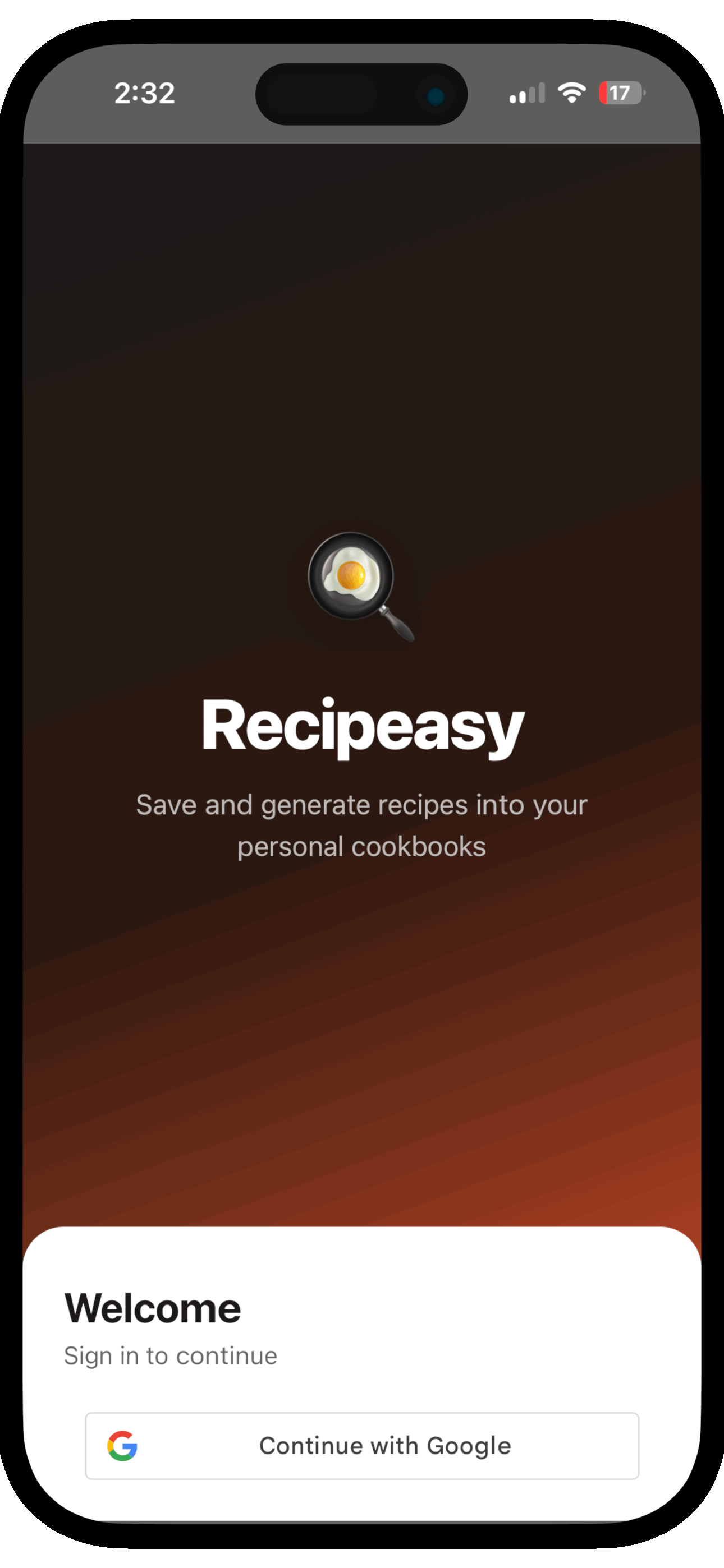 Recipeasy welcome screen